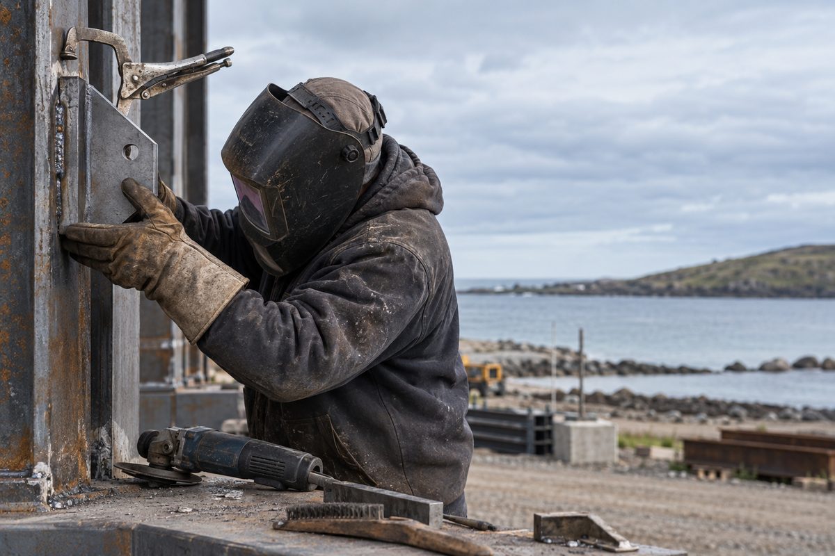Gloved welder joining a steel bracket on a real work site