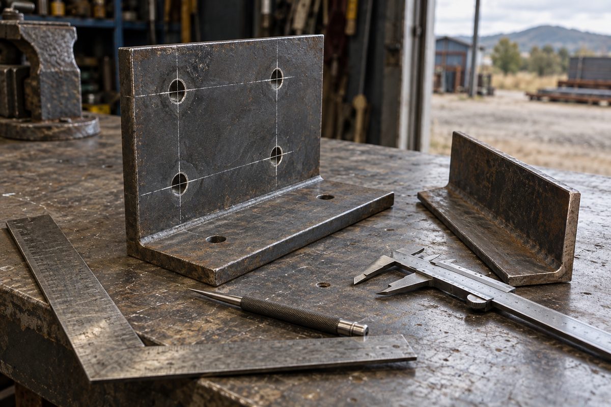 Measured steel connection with marked holes and fitting tools