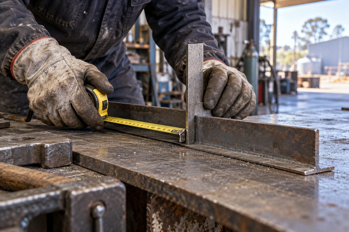 Gloved hands measuring steel angle against an installed plate