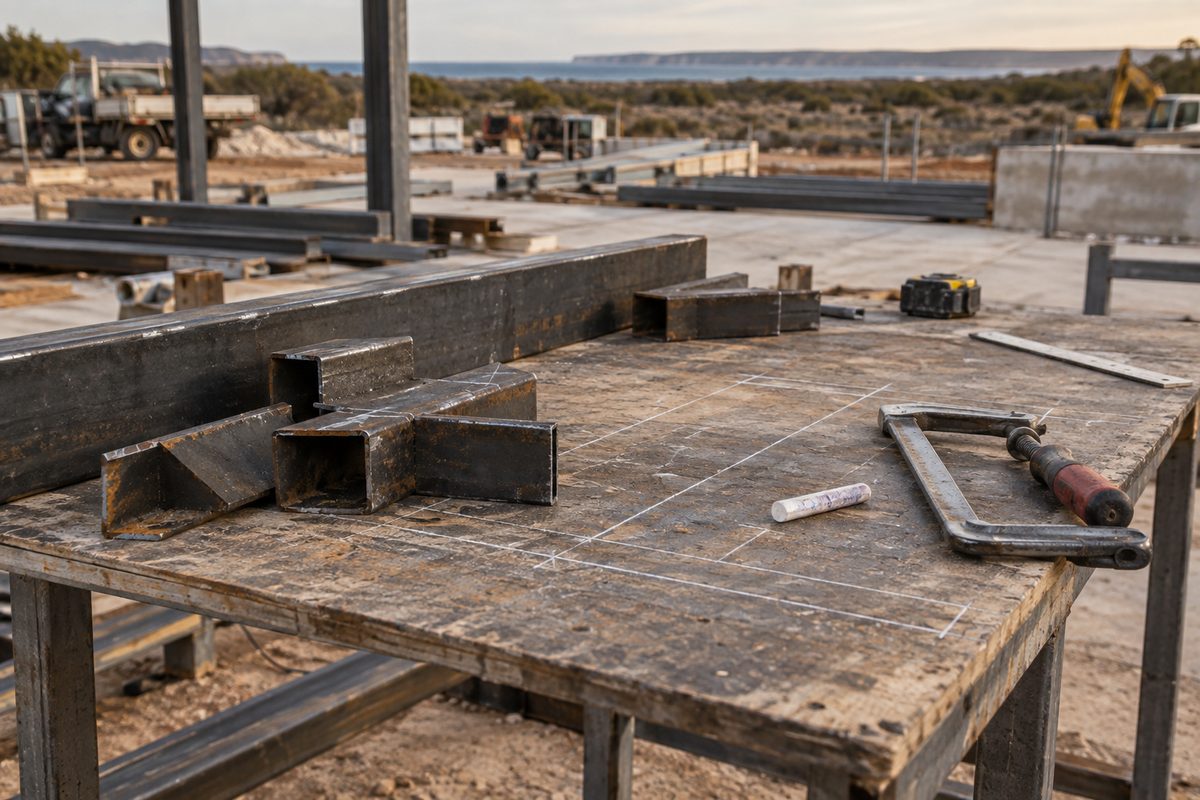 Steel offcuts, clamps and marked layout lines beside a work area