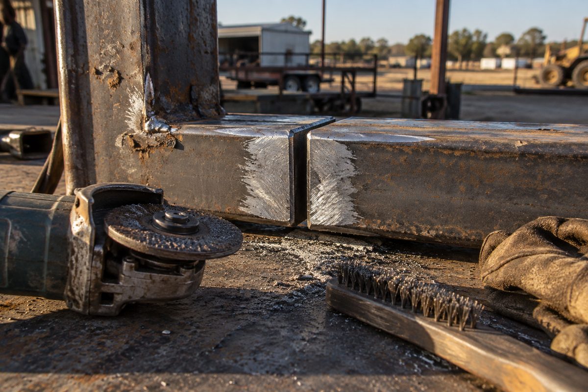 Prepared steel repair joint opened for inspection