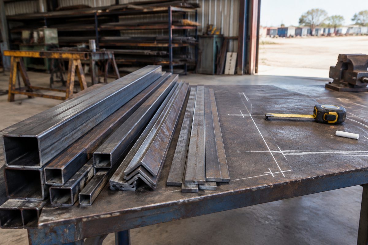 Steel sections laid out beside a marked fabrication workbench