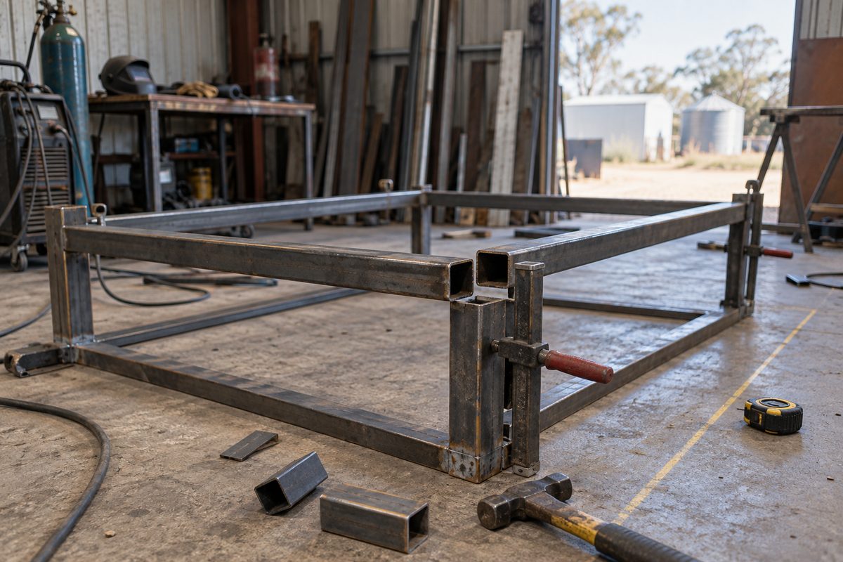 Half-finished square-tube steel frame on a working floor
